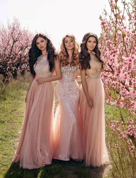 时尚的户外照片美丽的女人在华丽的礼服摆在开花桃树 — 图库照片