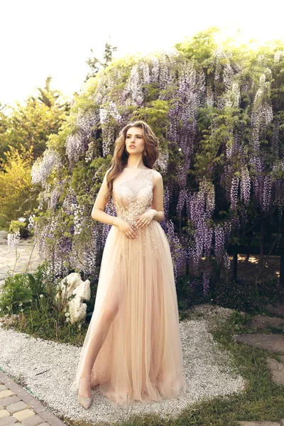 Woman with long hair in luxurious dress posing among flowering w — Stock Photo, Image