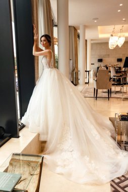 Güzel gelin, siyah saçlı, zarif gelinlikli, poz veren.