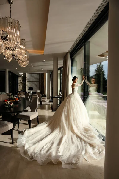 美丽的新娘，乌黑的头发，穿着雅致的婚纱 — 图库照片
