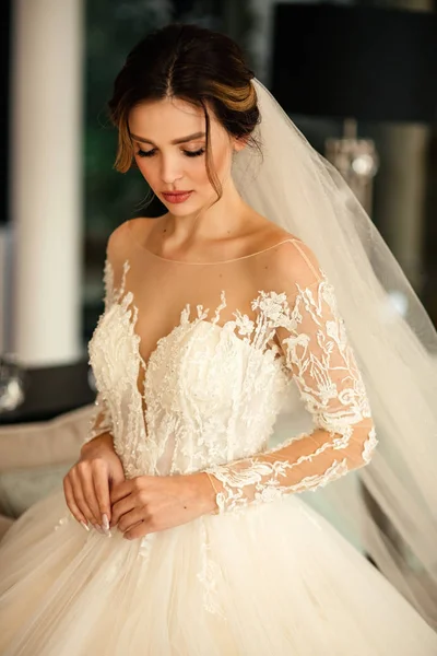 Beautiful young bride with dark hair in luxurious wedding dress — Stock Photo, Image