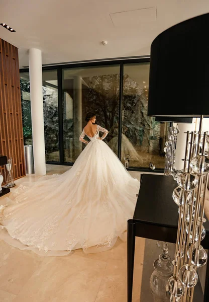 Schöne Braut mit dunklen Haaren im eleganten Brautkleid posiert i — Stockfoto