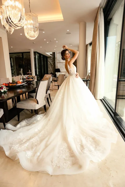 Krásná nevěsta s tmavými vlasy v elegantní svatební šaty pózovat — Stock fotografie