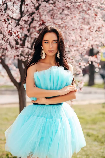 Mode Outdoor Foto Von Schönen Frau Mit Dunklen Haaren Elegantem — Stockfoto