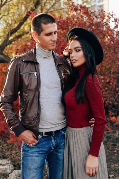 Fashion Outdoor Photo Beautiful Tender Couple Posing Autumn Park Elegant — Stock Photo, Image