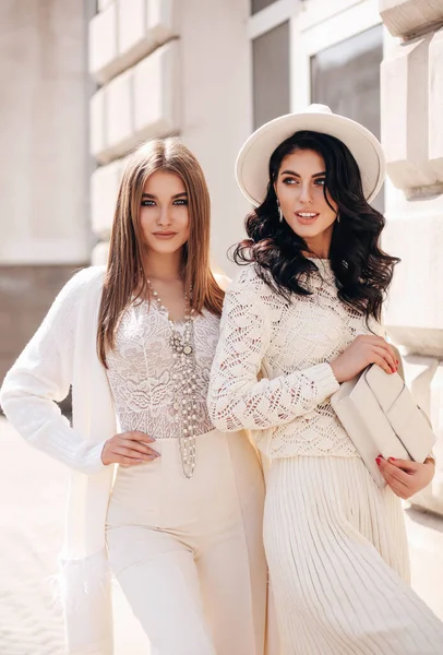 Fashion Outdoor Foto Van Twee Mooie Vrouwen Met Donker Haar — Stockfoto