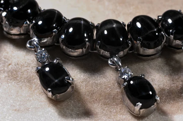 Macro Closeup Necklace Fragment Black Star Gems Suspendent Pendants — Stock Photo, Image