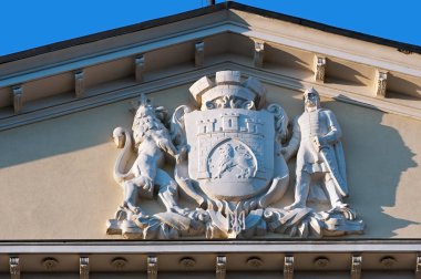 Lviv coat of arms on City Hall in Market Square, Lviv, Ukraine.
