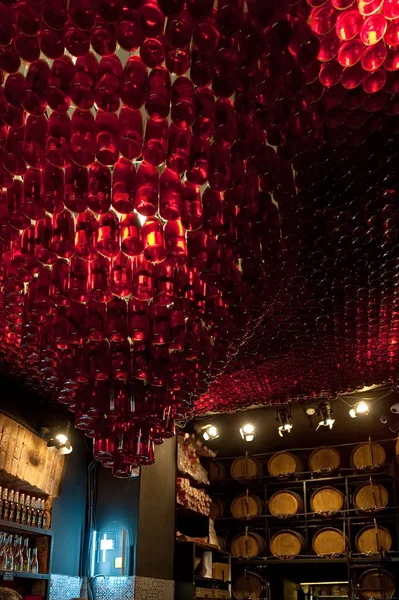 The ceiling made of wine bottles in the famous Drunk Cherry cafe in Lviv, Ukraine