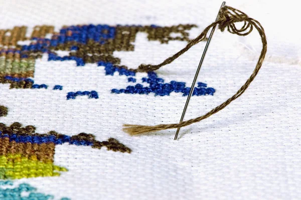 Needle Stuck Canvas Some Stitches — 图库照片