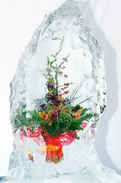 冻在冰块中的多彩花束 — 图库照片