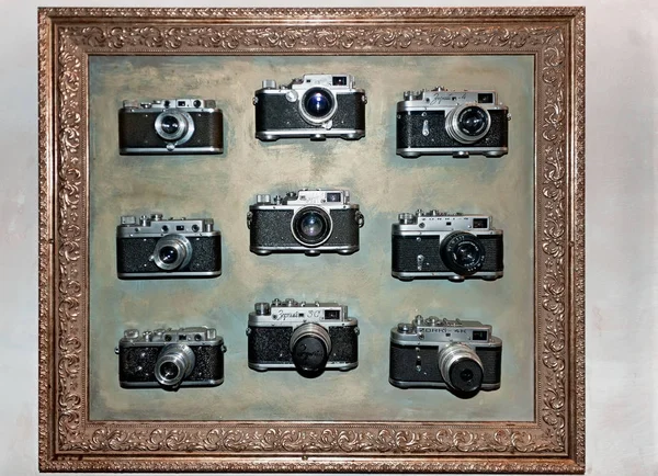 Fotocamere Vintage Nella Cornice Sul Muro Fixage Cafe Lviv Ucraina — Foto Stock