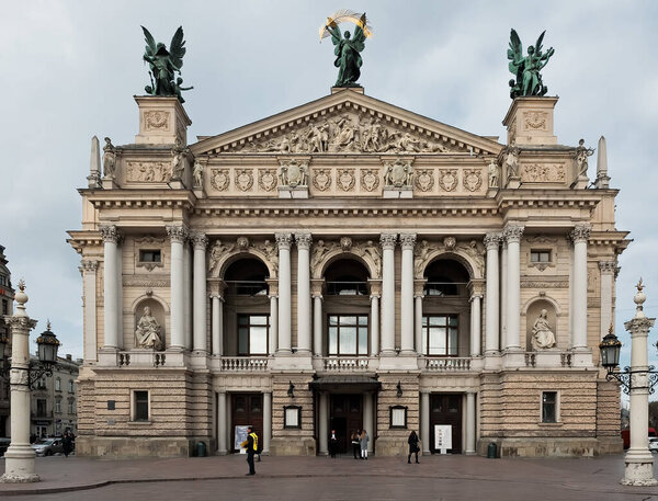 The Solomiya Krushelnytska Lviv State Academic Theater of Opera and Ballet or Lviv Opera as seen from Svobody Avenue in Lviv Ukraine