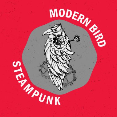 Steampunk el çizimi modern kuş dişliler ve anahtar pembe arka planda