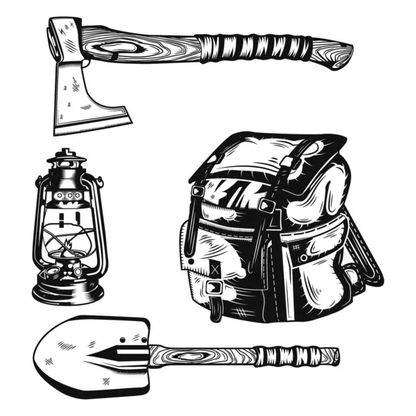 Conjunto de elementos de acampamento (um machado, uma pá, uma mochila e uma lâmpada de querosene) para criar seus próprios crachás, logotipos, rótulos, cartazes etc. Isolado em branco . — Vetor de Stock