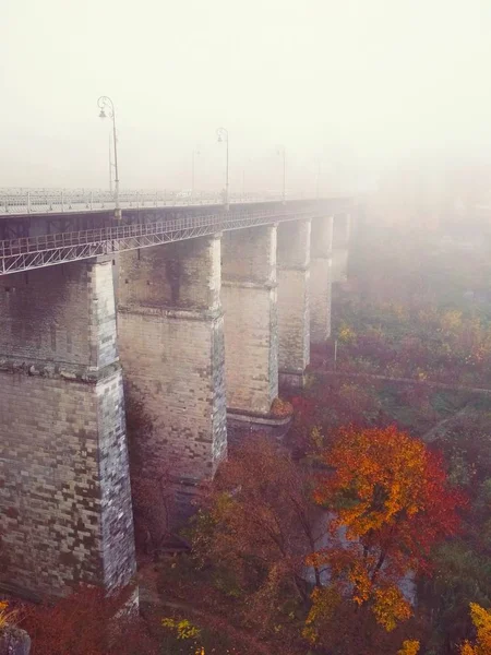 Ponte Para Cidade Velha Sobre Canyon Dia Enevoado Maçante Kamenets — Fotografia de Stock