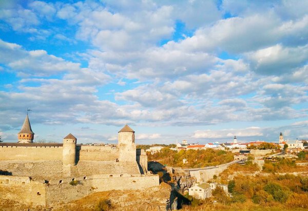 The Old Fortress against the background of the blue cloudy sky, Kamenets-Podolsky, Ukraine 