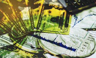Finansal arka plan çift pozlama Doları banknot sembolü ile