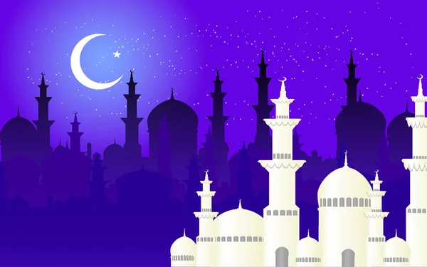 Bela mesquita e lua crescente em fundo sombra mesquita azul —  Vetores de Stock