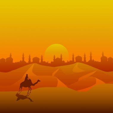 Bir Arap çölü üzerinde bir deve sürme siluet çizimi