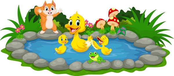 Entenmutter und kleine Entchen schwimmen im Teich — Stockvektor