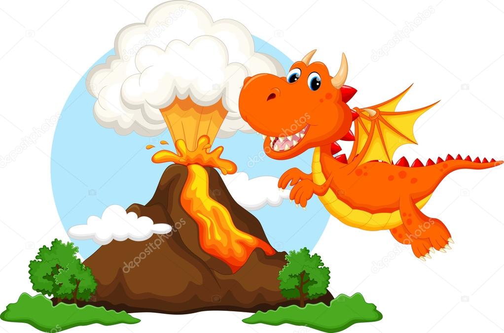 Cute dragon cartoon with volcano background 