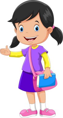 Pembe çanta ve onun elinde bir kitap ile şirin kız öğrenci 