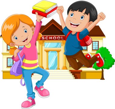 Sevimli küçük kız ve erkek sırt çantası ve arka bina okul kitap 