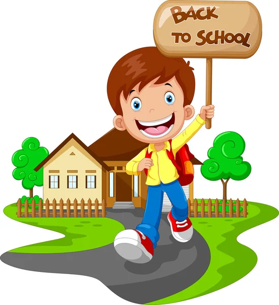 Happy boy running while carrying a sign that read back to school — Stock Vector