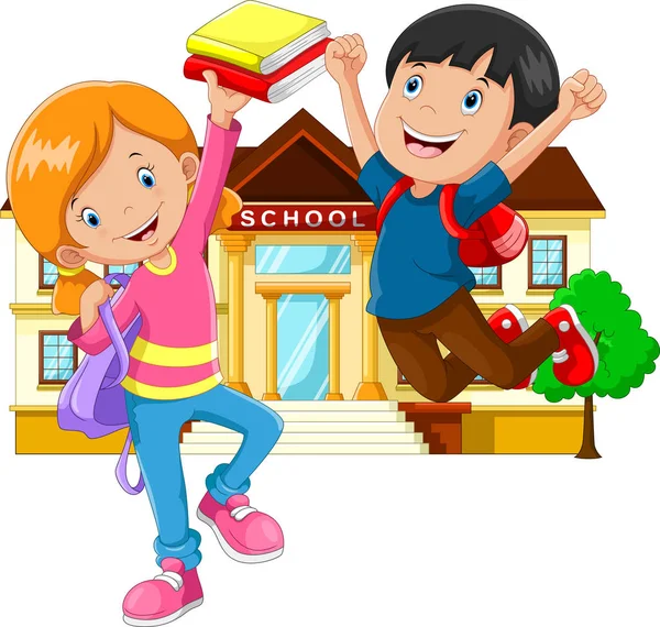 Mignon petit garçon et fille avec sac à dos et livre sur fond de bâtiment scolaire — Image vectorielle