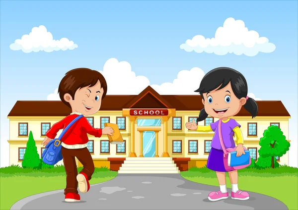 Happy little kids and bags and books on school building background - Stok Vektor