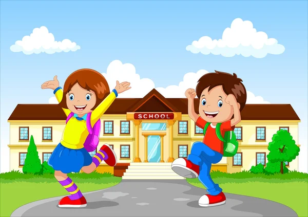 Felice scuola bambini con zaino su sfondo edificio scolastico — Vettoriale Stock