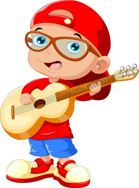 Criança pequena usando um chapéu vermelho e óculos de sol tocando uma guitarra — Vetor de Stock