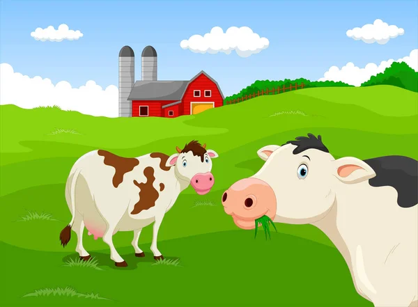 Vaca de dibujos animados con fondo de granja — Vector de stock