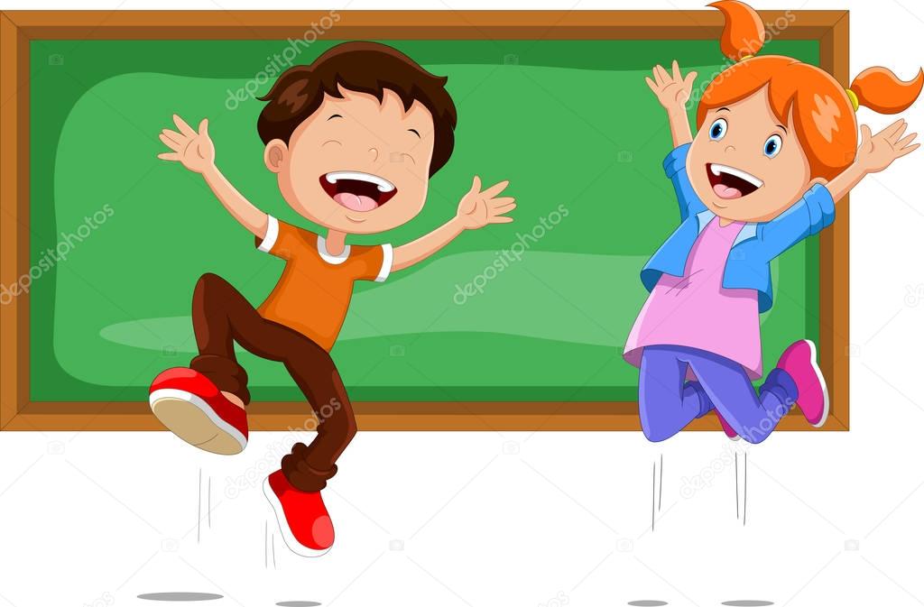 Boys and girls jumping in front of a blackboard 