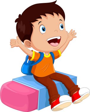 Bir silgi üzerinde oturan okullu çocuk 