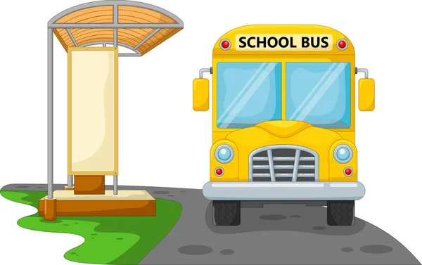 Vektor Ilustrasi Bus Sekolah Kartun Dengan Halte Bus - Stok Vektor