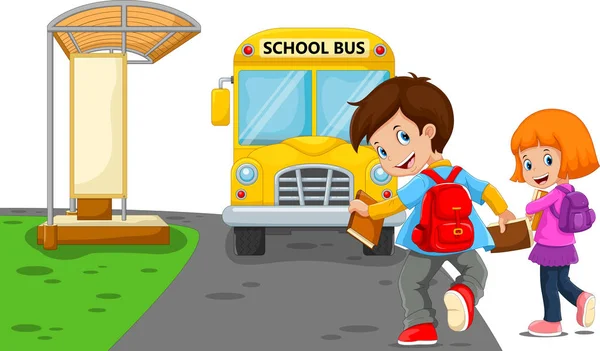 Возвращайся Школу Векторная Иллюстрация Детей Идущих Школу Школьном Автобусе — стоковый вектор