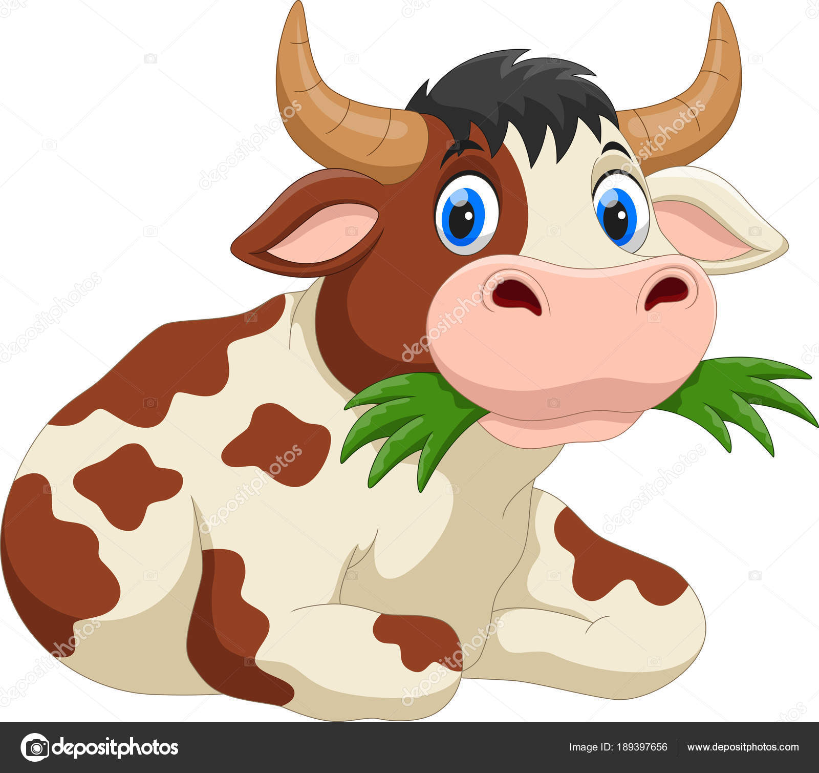 Cute Cartoon Cow Eating Grass Stock Illustration by ©irwanjos2 #189397656