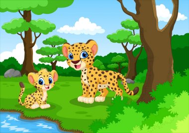 Cheetah karikatür sevimli oğlu ile ormanda 