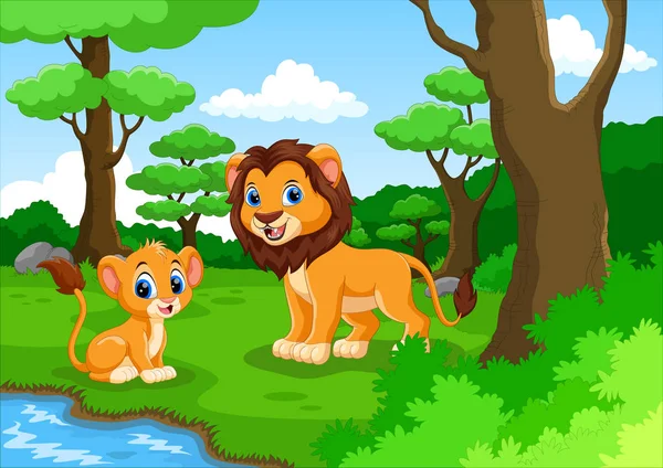 León Dibujos Animados Bosque Con Lindo Hijo — Vector de stock