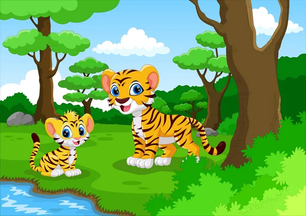 Tigre Dibujos Animados Bosque Con Lindo Hijo — Archivo Imágenes Vectoriales
