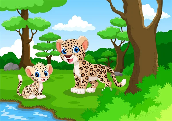 Desenhos Animados Leopardo Floresta Com Seu Filho Bonito —  Vetores de Stock