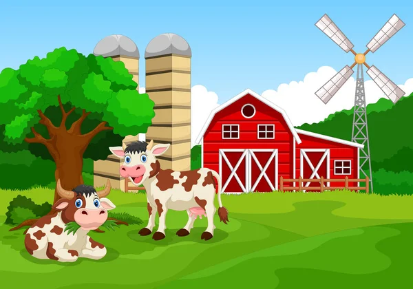 有趣的 Caws 与农场背景 — 图库矢量图片