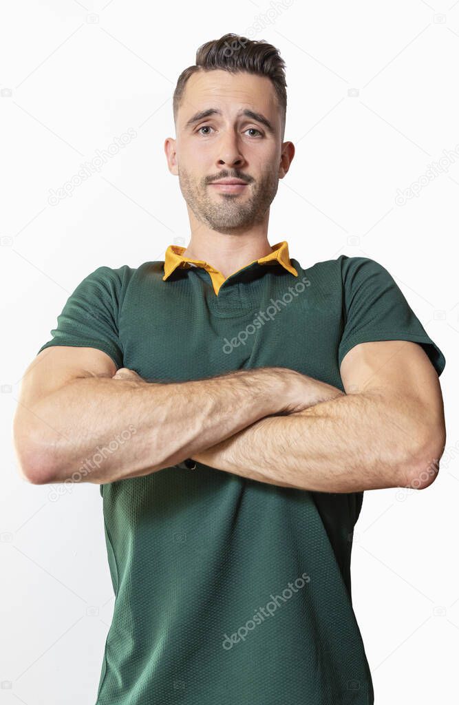 Muscular and handsome rugby player with moustache supporting movember fund raise. Isolated background