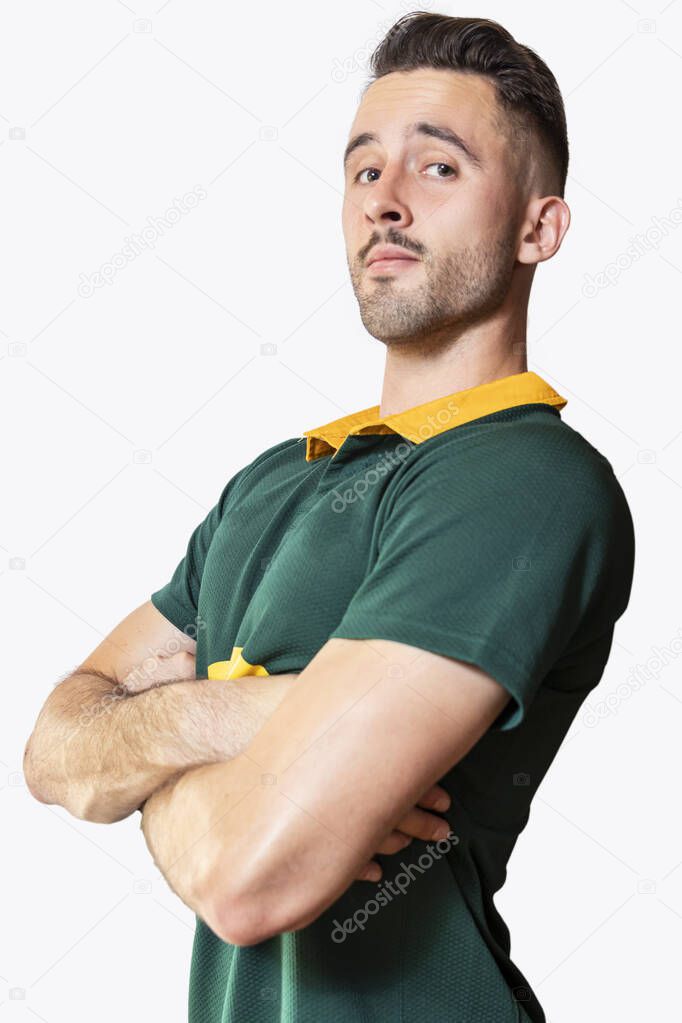 Muscular and handsome rugby player with moustache supporting movember fund raise. Isolated background