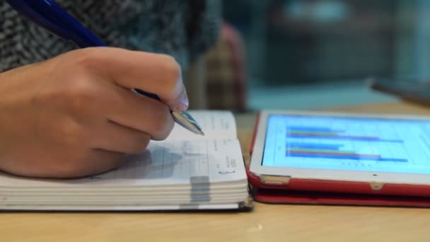 Mulher de negócios tomando notas e usando touch pad — Vídeo de Stock