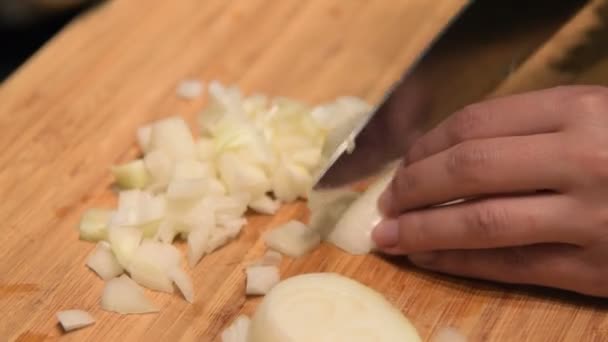 Timelapse de picar cebollas, primer plano — Vídeos de Stock