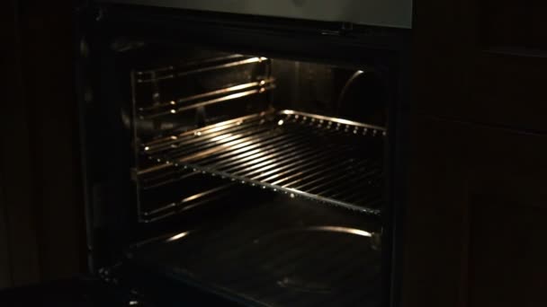Colocação de assadeira com massa de chocolate no forno — Vídeo de Stock
