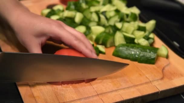 Chopping cucumbers and tomatoes, close-up — Stock Video